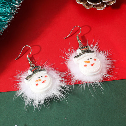 Winter Snowflake Hair Ball Earrings - Cute Christmas Santa & Snowman Designs