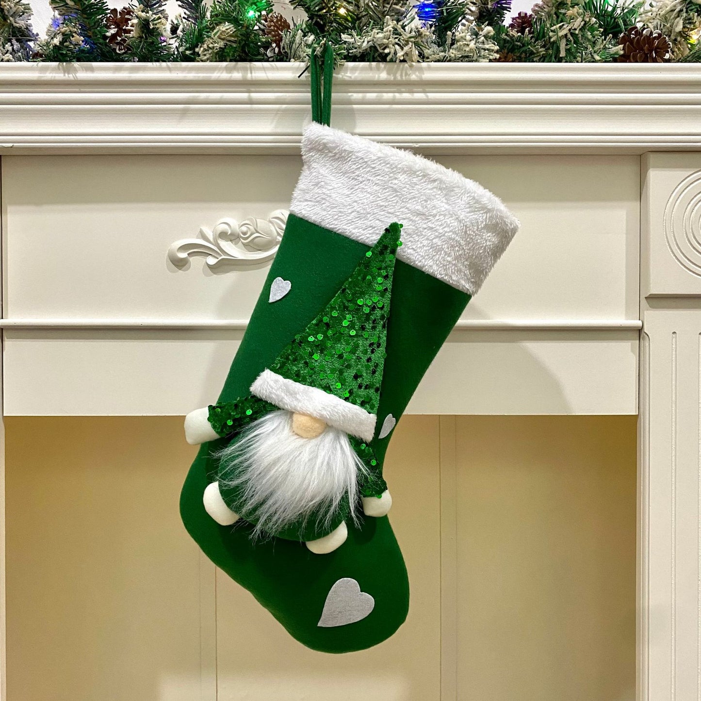 Festive Christmas Gnome Stocking with Sequins – Whimsical Holiday Charm