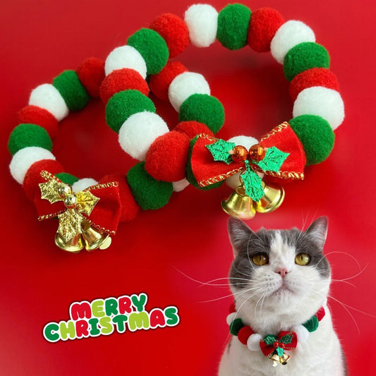 Christmas Cheer Pet Collar – Plush Ball Necklace with Bow for Dogs & Cats