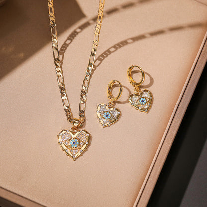 Heart-Shaped Zircon Pendant Necklace and Earrings Set – Copper Plated with Real Gold Finish for a Timeless, Elegant Look