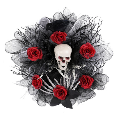 Elegant Halloween Red Rose & Skull Mesh Garland – Spooky-Chic Door Hanging Decoration for a Haunting Welcome