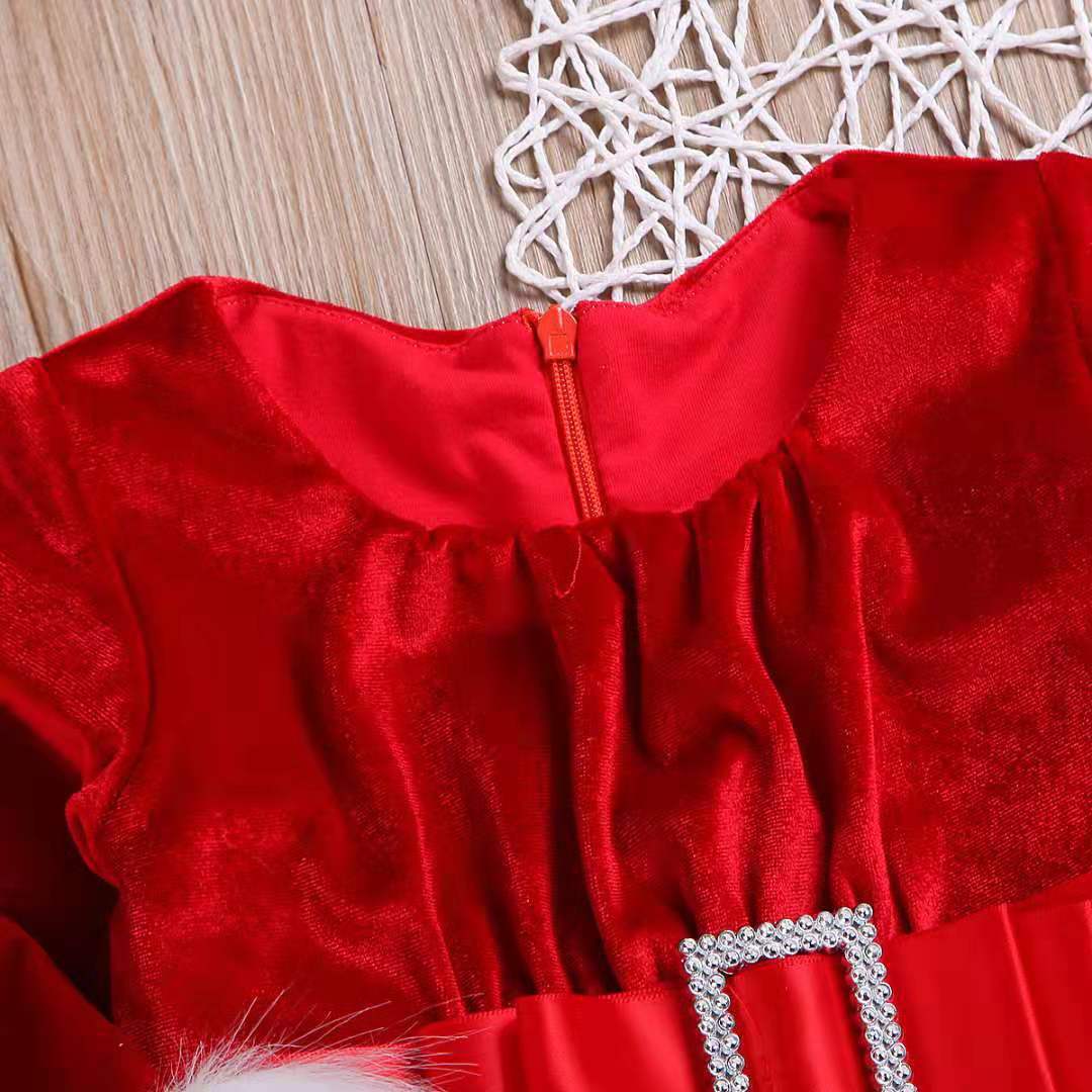 Girls’ Velvet Santa Christmas Dress - Adorable Red & White Holiday Princess Dress