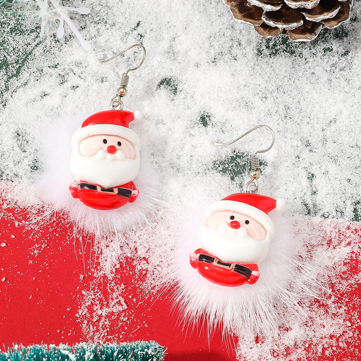 Winter Snowflake Hair Ball Earrings - Cute Christmas Santa & Snowman Designs