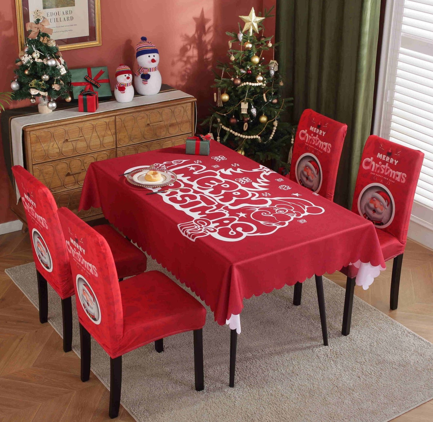 Festive Waterproof & Oil-Proof Christmas Tablecloth Set – Elegant Holiday Dining Decor with Chair Covers