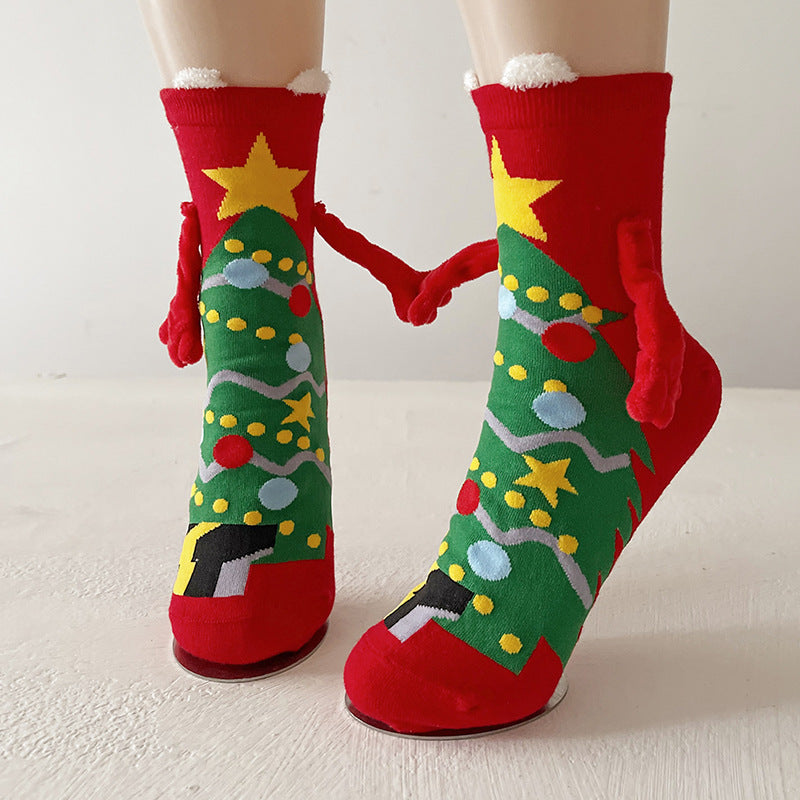 Festive Christmas Magnetic Socks – Santa Claus & Snowman Hand-Holding Socks for Couples