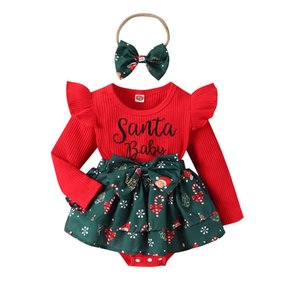 Baby Girls' Santa Baby Romper with Festive Skirt and Bow Headband - Adorable Christmas Outfit