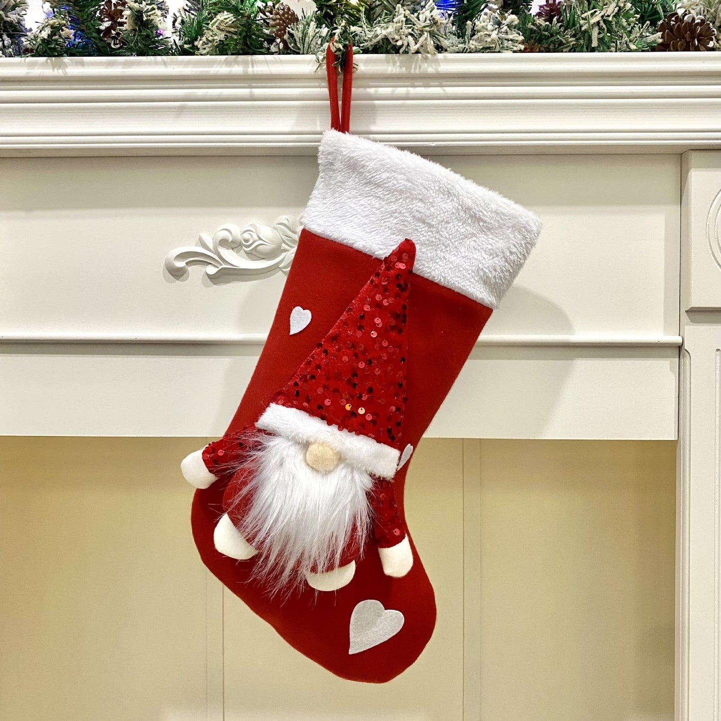 Festive Christmas Gnome Stocking with Sequins – Whimsical Holiday Charm