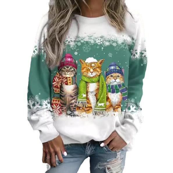 Cross-border Women's Christmas New Snowman And Cat Printed Long Sleeve Casual Loose-fitting T-shirt