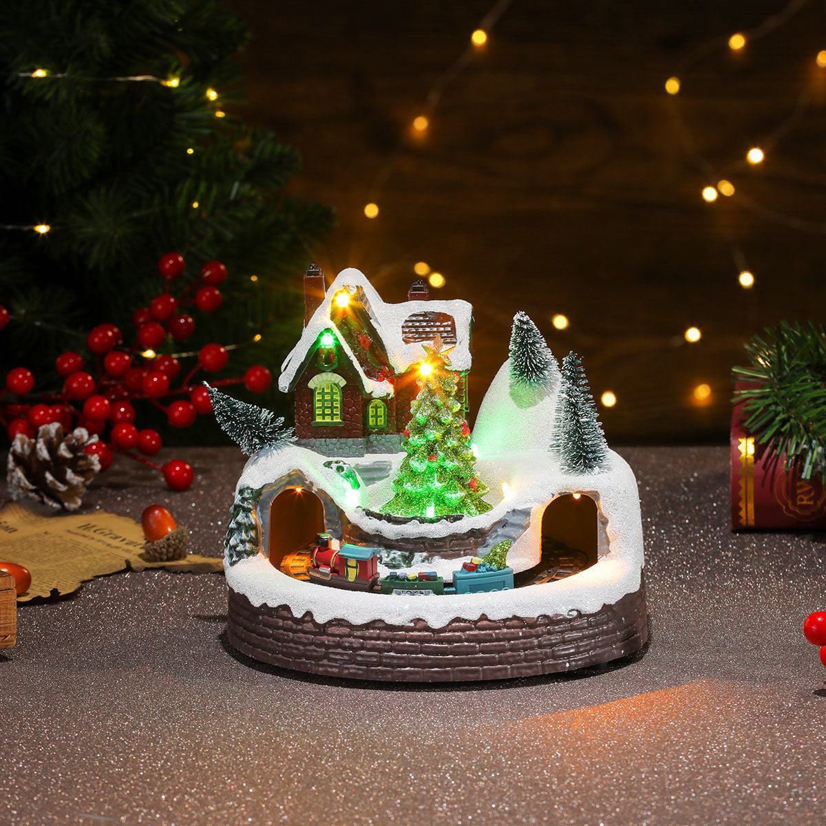 Rotating Christmas Village Music Box – LED Lit Resin Ornament with Santa & Snowy Scene