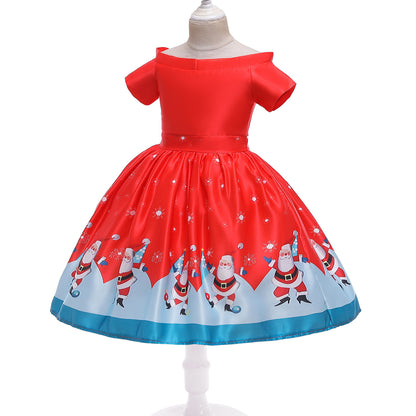 Children's Christmas Dress with Santa Print - Festive Holiday Mid-Length Skirt with Reindeer Headband