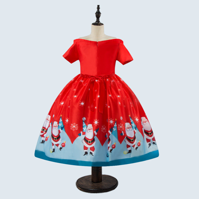 Children's Christmas Dress with Santa Print - Festive Holiday Mid-Length Skirt with Reindeer Headband