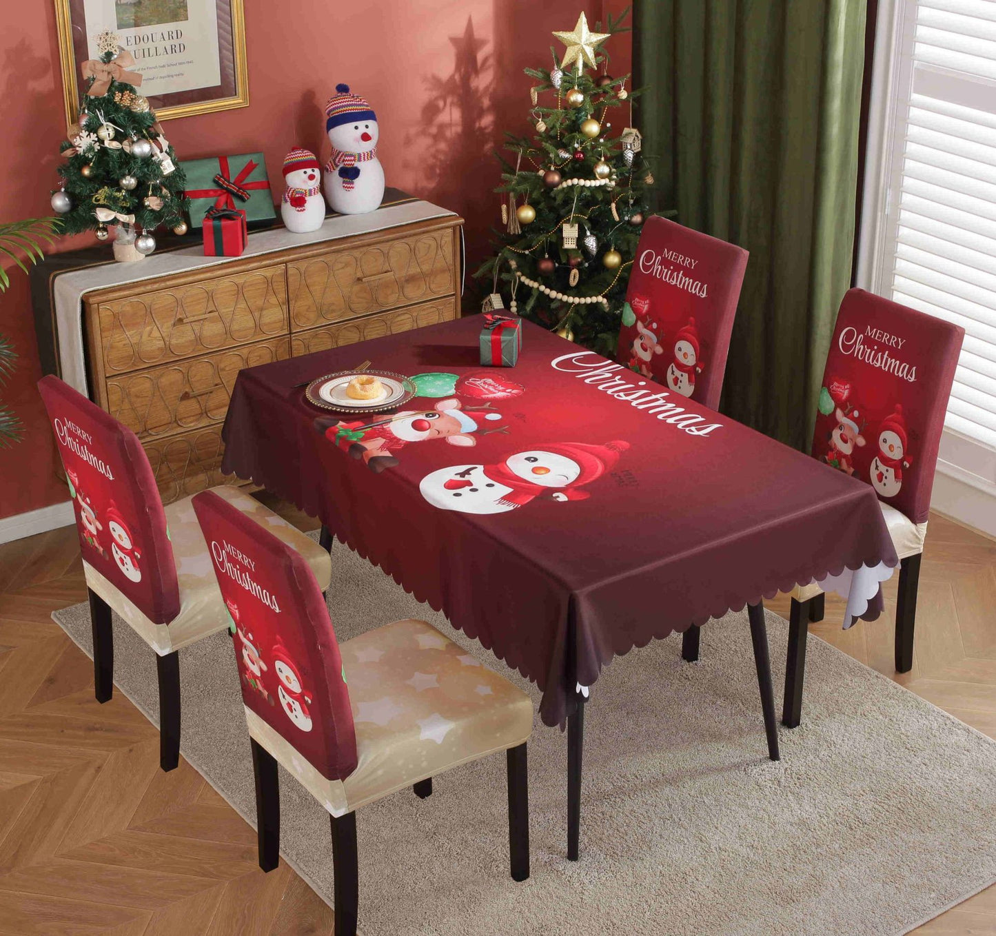 Festive Waterproof & Oil-Proof Christmas Tablecloth Set – Elegant Holiday Dining Decor with Chair Covers