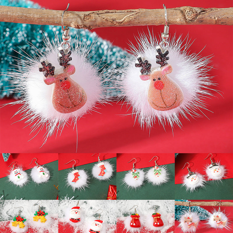 Winter Snowflake Hair Ball Earrings - Cute Christmas Santa & Snowman Designs