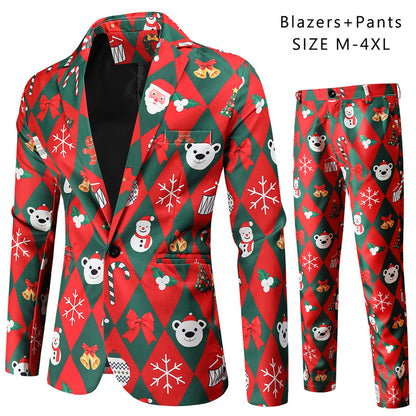 Men's Christmas Suit with 3D Santa Claus Print - Festive Holiday Blazer and Pants Set