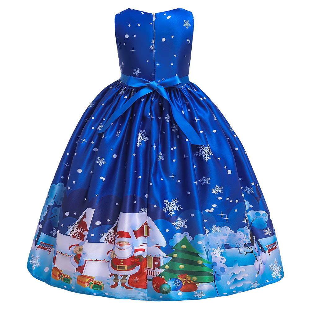 Santa Claus Print Long Dress for Girls - Holiday Charm in Every Detail