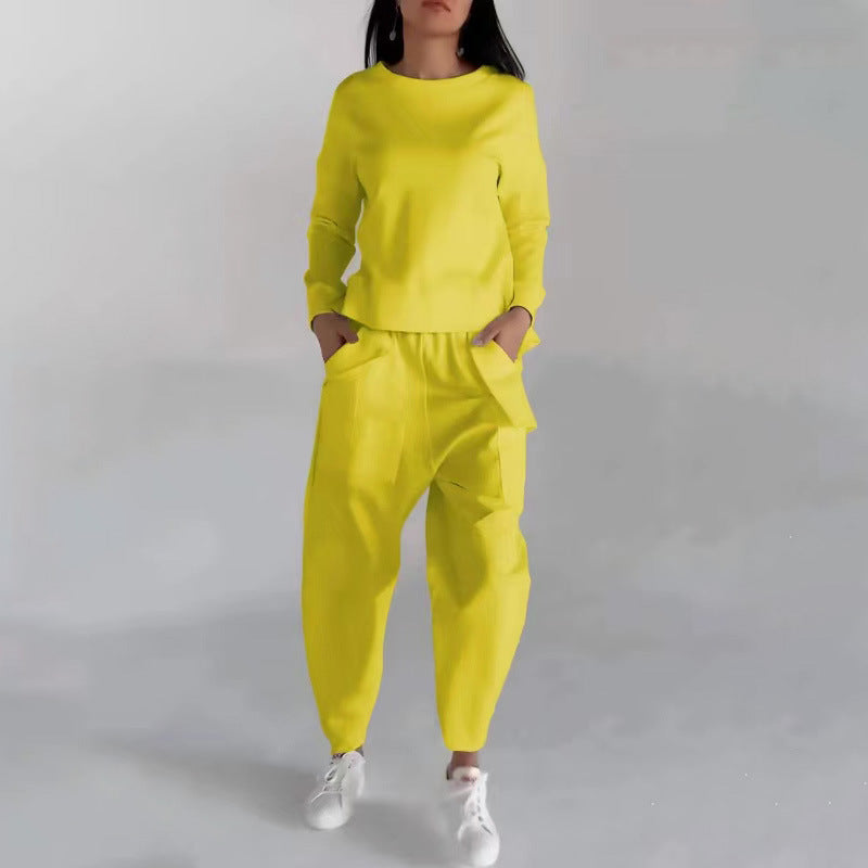 Solid Color Fashion Sweatshirt & Loose Trousers Set – Women's Long Sleeve Back Slit Top with Pockets