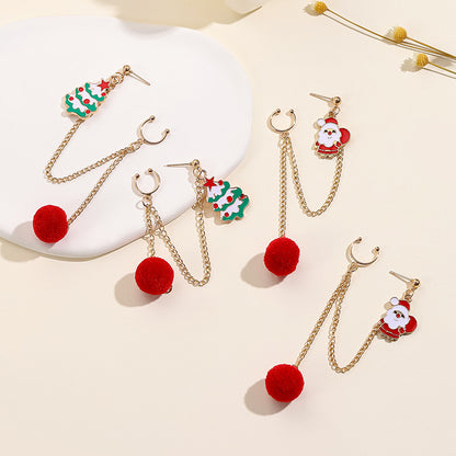 Festive Santa & Christmas Tree Chain Clip Earrings – Holiday Charm for Every Look