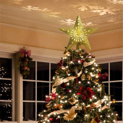 Glittering LED Christmas Tree Topper Star with Snowflake Projector – Magical Holiday Light Display