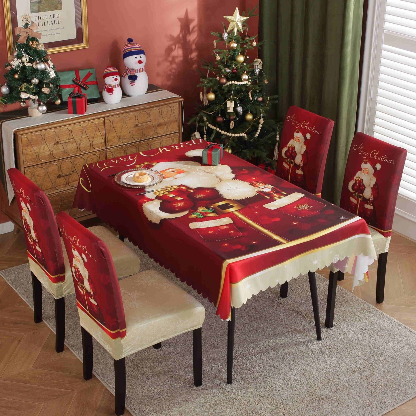 Festive Waterproof & Oil-Proof Christmas Tablecloth Set – Elegant Holiday Dining Decor with Chair Covers