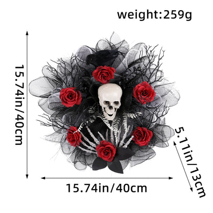 Elegant Halloween Red Rose & Skull Mesh Garland – Spooky-Chic Door Hanging Decoration for a Haunting Welcome