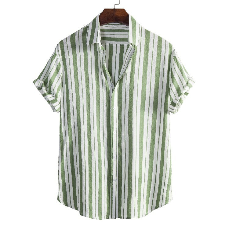 Men’s Casual Loose-Fit Striped Short Sleeve Shirt