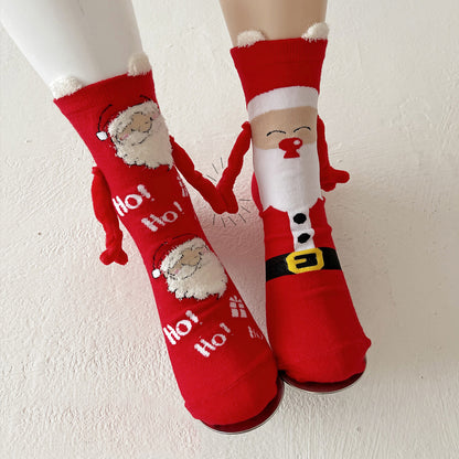 Festive Christmas Magnetic Socks – Santa Claus & Snowman Hand-Holding Socks for Couples