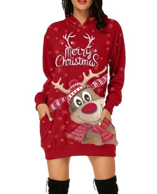 Festive Reindeer Hooded Christmas Dress - Cozy & Stylish for the Holidays!