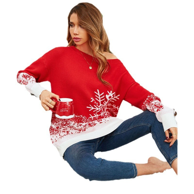 Chic Snowflake Off-Shoulder Christmas Sweater – Embrace Cozy Elegance!