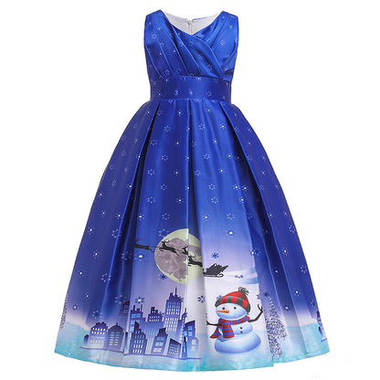 Santa Claus Print Long Dress for Girls - Holiday Charm in Every Detail