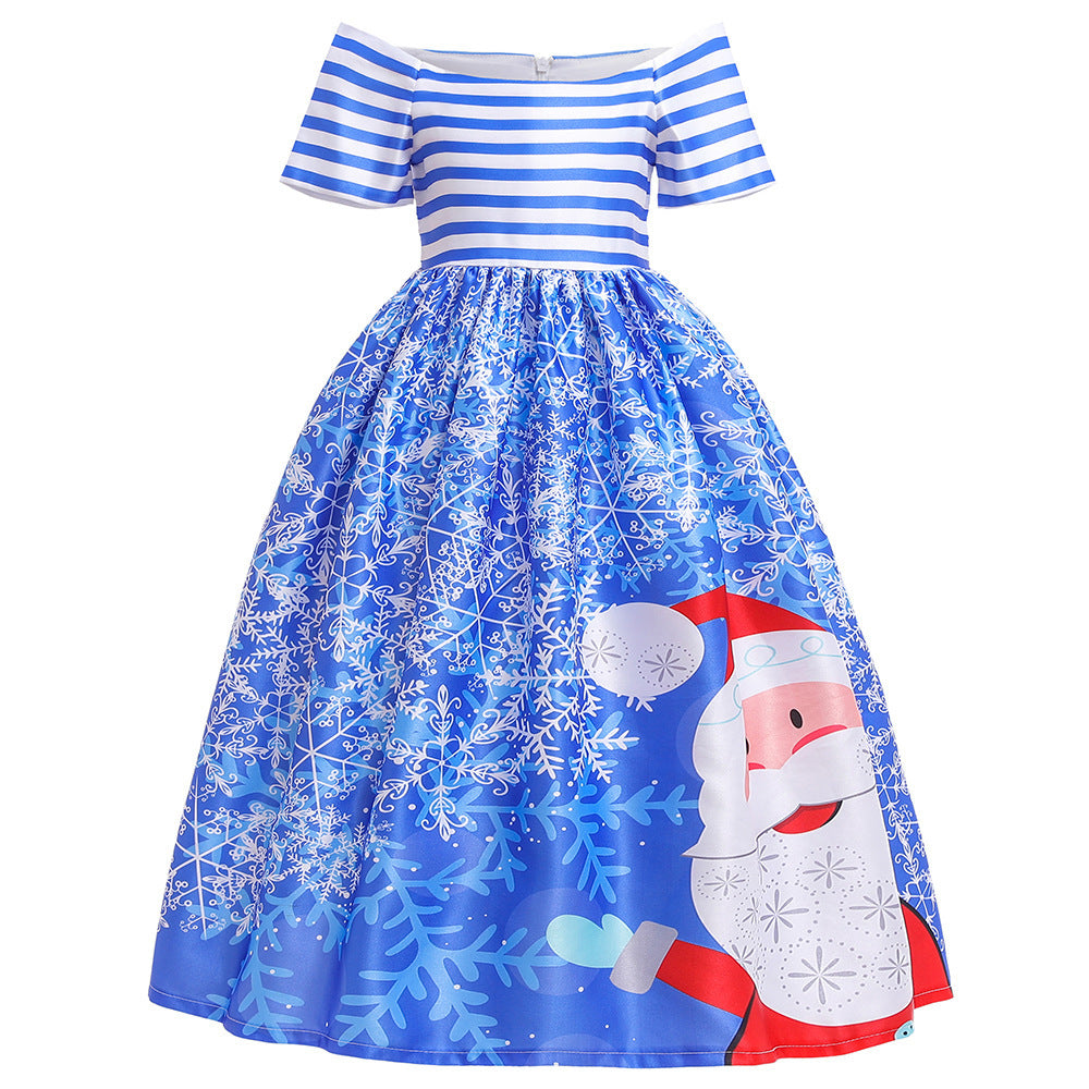 Santa Claus Print Long Dress for Girls - Holiday Charm in Every Detail