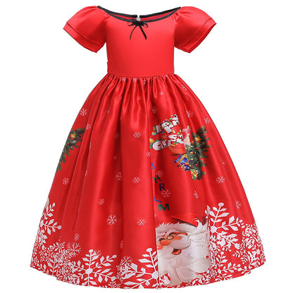 Santa Claus Print Long Dress for Girls - Holiday Charm in Every Detail