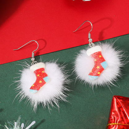 Winter Snowflake Hair Ball Earrings - Cute Christmas Santa & Snowman Designs