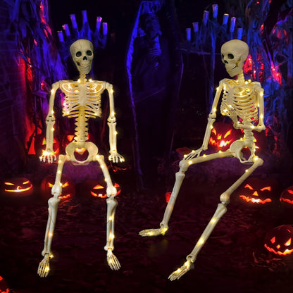 Glow-in-the-Dark Stand-able Hanging Skeleton – The Ultimate 90cm Halloween Décor with Warm Lights