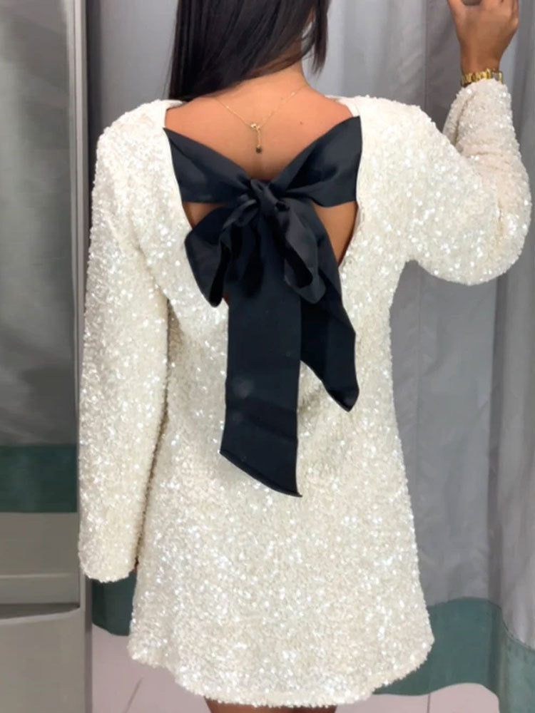 Stunning Sequined Back-Bowed Dress – Elegant Long-Sleeve Party Outfit