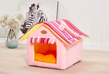 Stylish Striped Dog House Bed with Removable Cushion – Perfect for Small to Medium Pets!