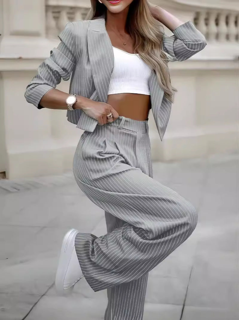 Fashion Striped Suit – Casual Lapel Cropped Top & Straight Pants Set for Women