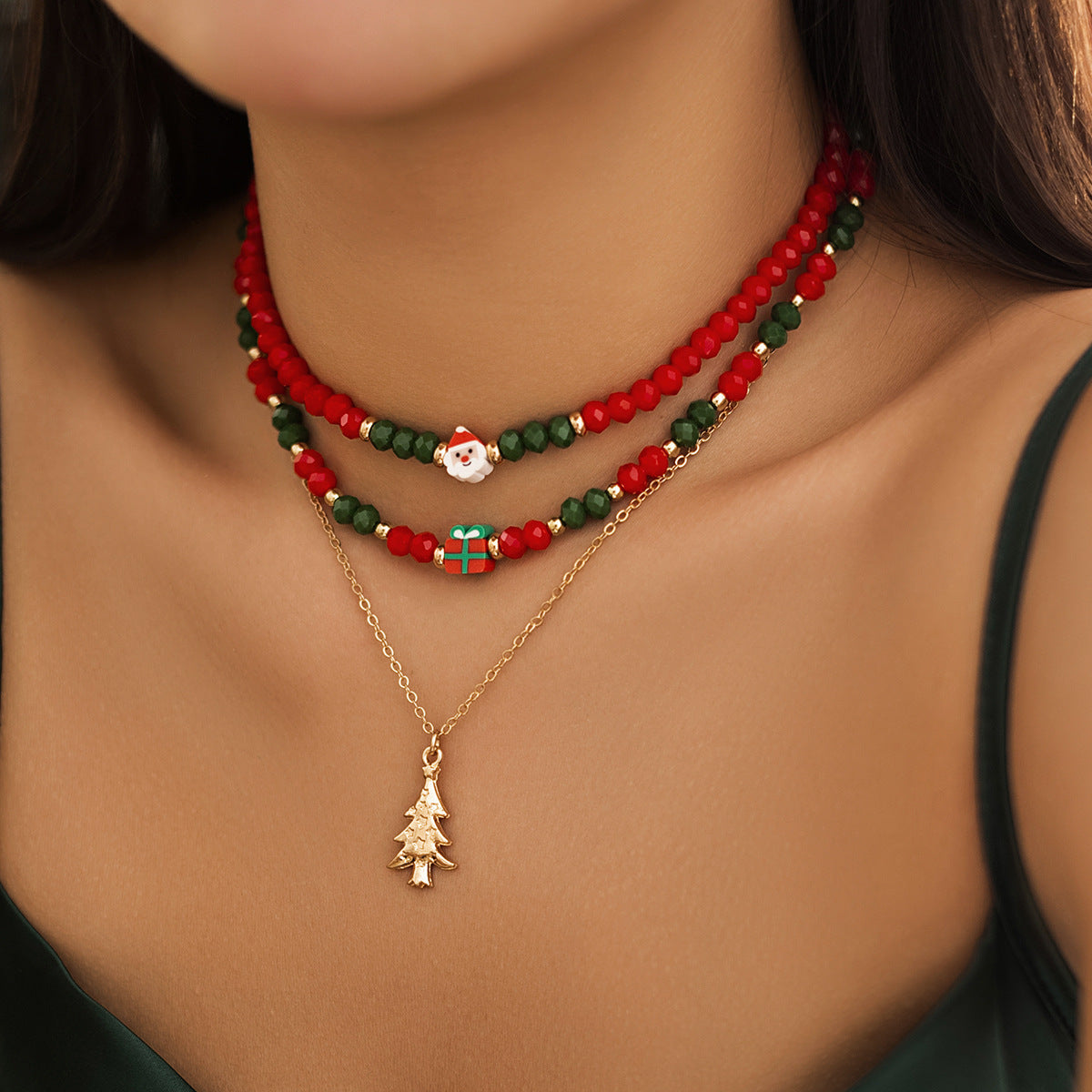 Festive Beaded Christmas Necklace Set – Holiday Charm with Snowman & Crystal Accents