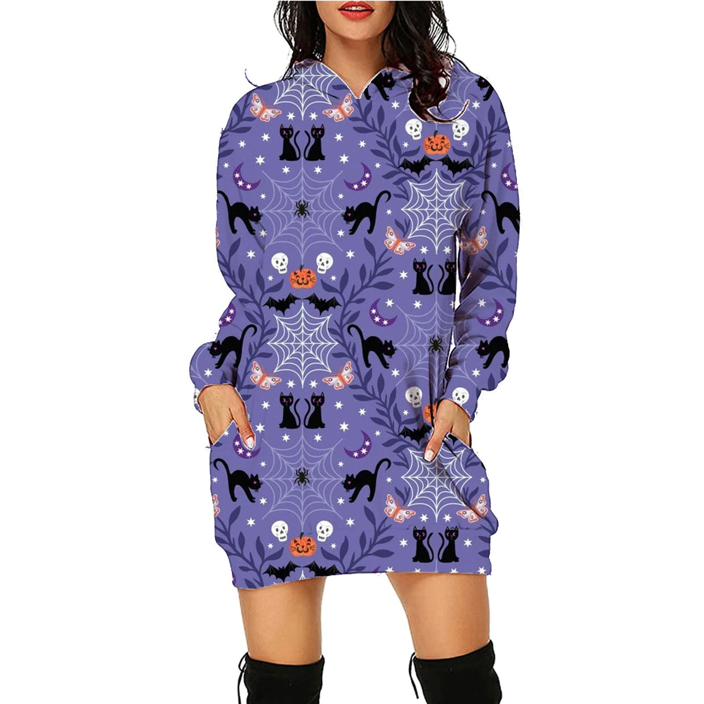 Halloween Print Long Hoodie with Pockets | Cozy Women's Sweater for Spooky Season