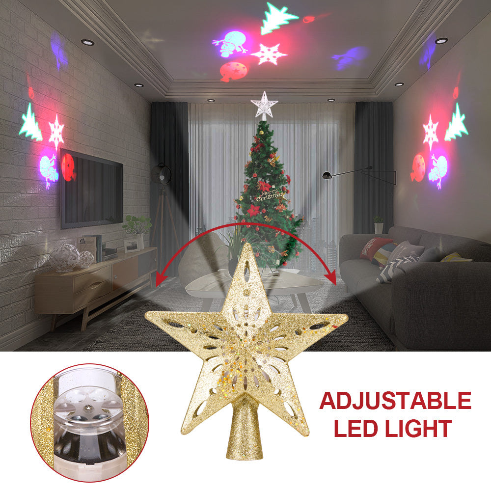 Glittering LED Christmas Tree Topper Star with Snowflake Projector – Magical Holiday Light Display