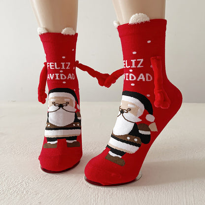 Festive Christmas Magnetic Socks – Santa Claus & Snowman Hand-Holding Socks for Couples