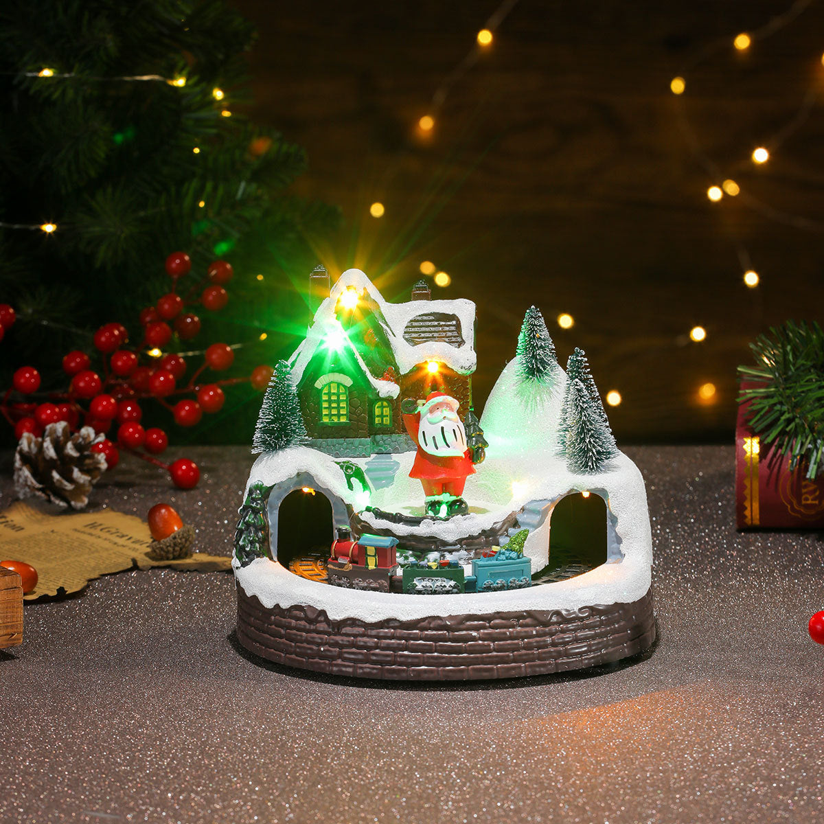 Rotating Christmas Village Music Box – LED Lit Resin Ornament with Santa & Snowy Scene