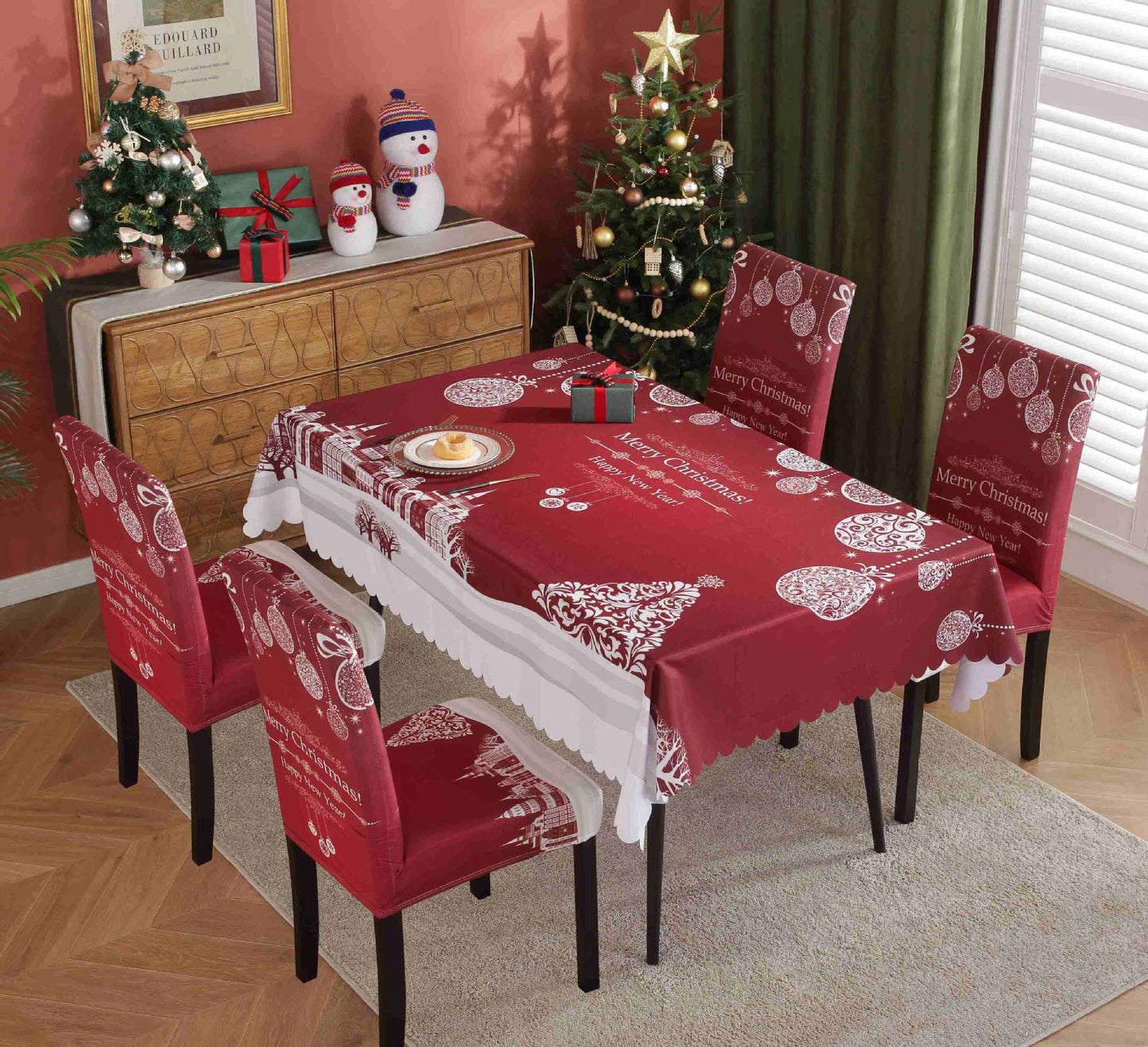 Festive Waterproof & Oil-Proof Christmas Tablecloth Set – Elegant Holiday Dining Decor with Chair Covers