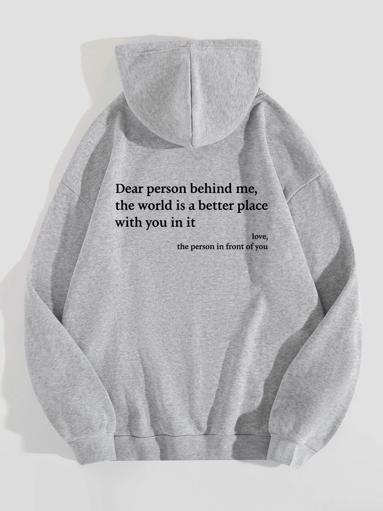 "Dear Person Behind Me" Letter Printed Plush Hoodie | Trendy Unisex Kangaroo Pocket Hoodie