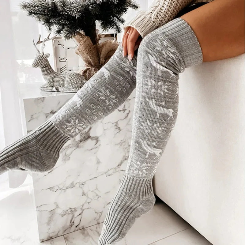 Festive Elk & Snowflake Knitted Over-the-Knee Socks – Stay Warm in Style!