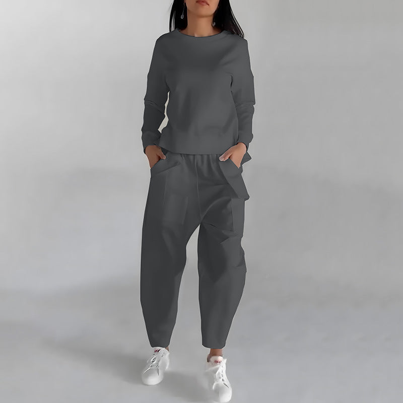 Solid Color Fashion Sweatshirt & Loose Trousers Set – Women's Long Sleeve Back Slit Top with Pockets