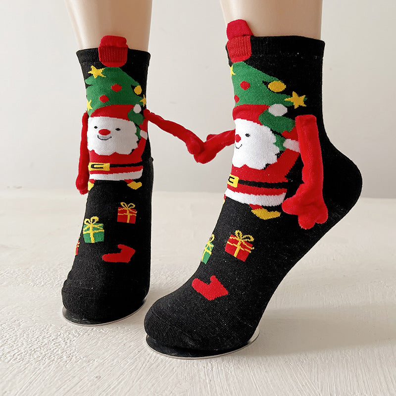 Festive Christmas Magnetic Socks – Santa Claus & Snowman Hand-Holding Socks for Couples