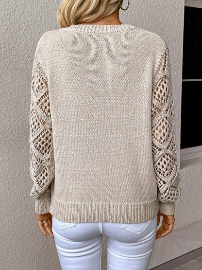 Elegant V-Neck Pullover Sweater – Hollow Long Sleeve Fashion Top for Women