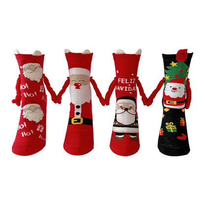 Festive Christmas Magnetic Socks – Santa Claus & Snowman Hand-Holding Socks for Couples