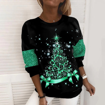 Sparkling Christmas Tree Print Loose Fit Top – Festive and Stylish Holiday Wear