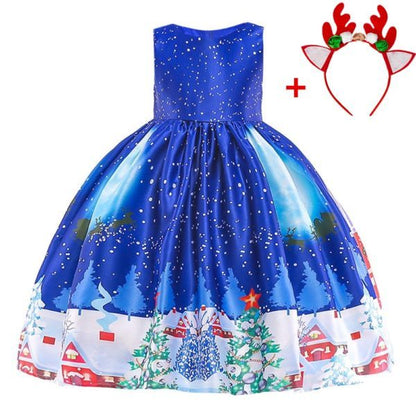 Children's Christmas Dress with Santa Print - Festive Holiday Mid-Length Skirt with Reindeer Headband